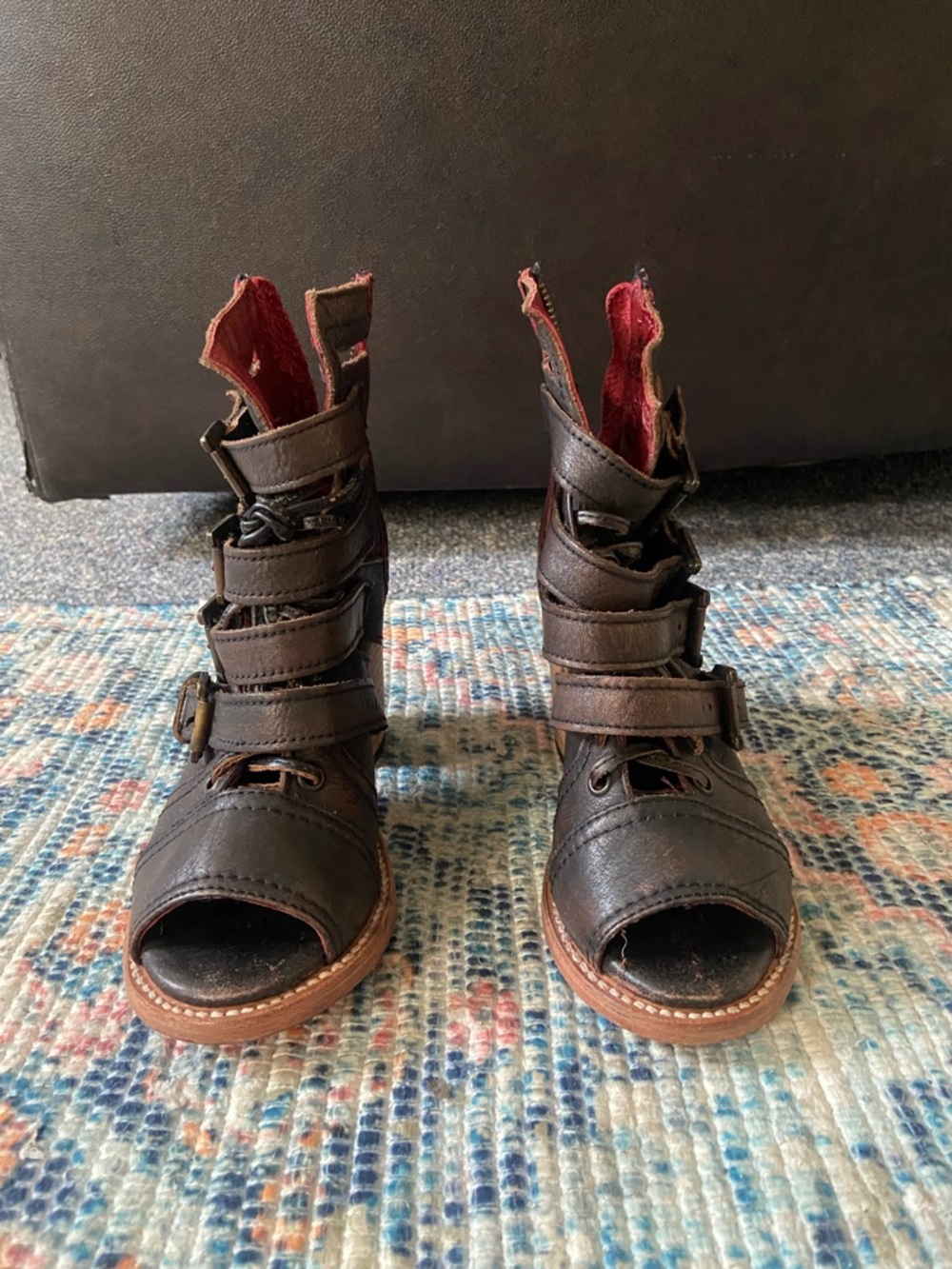 freebird Brown Multi-Strap Open-Toe Leather Sandals with Red Lining